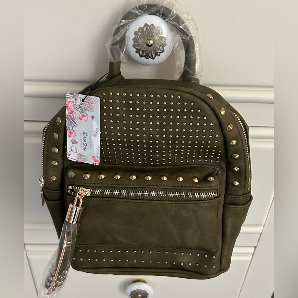 NWT BRENTANO Vegan Studded Mini Backpack with Tassel Accents Olive